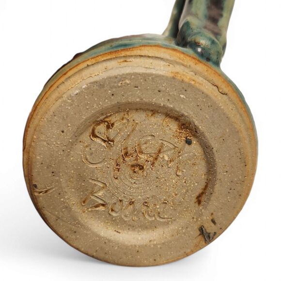 Handmade Pottery Creamer Pitcher, Clay Pottery, 3" Wide, Glazed Tan Teal, Signed - Picture 3 of 8